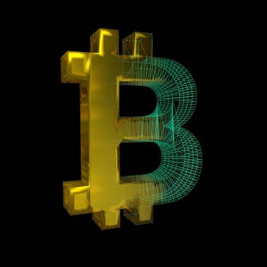 Bitcoin işareti, yeşil şebeke siyah arka planda altına dönüşür. 3B illüstrasyon