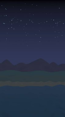 Yıldızlı aysız gökyüzü. Sahilde dalgalarla okyanus kıyısı. Dalgalar ile Ada plaj cenneti. Tatil, yaz, rahatlama. Deniz manzarası, deniz kıyısı. Minimalist manzara, ilkellik. 3d illüstrasyon
