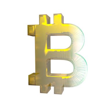 Bitcoin işareti, yeşil şebeke beyaz arka planda altına dönüşür. 3B illüstrasyon