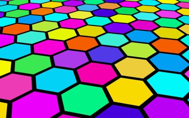 Petek çok renkli. Çokgen in perspektif görünümü petek gibi görünüyor. Biyometrik geometri. 3d illüstrasyon