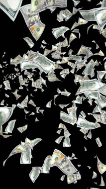 Dolar banknotlar uçan koyu arka plan üzerinde izole. Para havada uçuyor. 100 ABD banknotlar yeni örnek. 3D çizim
