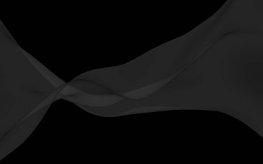 Siyah soyut arka plan. Kanat çırpan siyah eşarp. Rüzgâr siyah kumaşında sallanıyor. 3B illüstrasyon