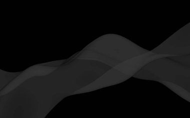 Siyah soyut arka plan. Kanat çırpan siyah eşarp. Rüzgâr siyah kumaşında sallanıyor. 3B illüstrasyon