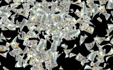 Dolar banknotlar uçan koyu arka plan üzerinde izole. Para havada uçuyor. 100 ABD banknotlar yeni örnek. 3D çizim