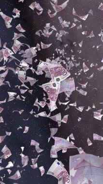 Uzay yıldızlı arka planda euro banknotları uçurmak. Uzayda para uçuyor. 500 EURO renkli. Dikey oryantasyon. 3B illüstrasyon