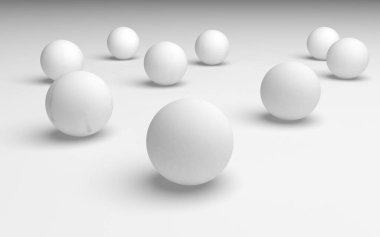 Beyaz soyut arka plan. Beyaz toplar beyaz arka planda izole edilmiş. 3B illüstrasyon