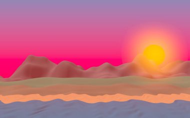 Sun Sea Beach. Sunrise. Sahilde dalgalarla okyanus kıyısı. Dalgalar ile Ada plaj cenneti. Tatil, yaz, rahatlama. Deniz manzarası, deniz kıyısı. Minimalist manzara, ilkellik. 3d illüstrasyon