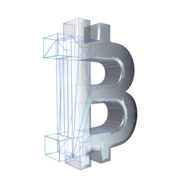 Bitcoin işareti, platin veya gümüş beyaz bir arka plan üzerinde mavi bir ızgara dönüşür. 3d illüstrasyon