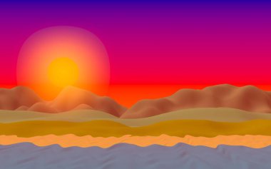 Sun Sea Beach. Sunrise. Sahilde dalgalarla okyanus kıyısı. Dalgalar ile Ada plaj cenneti. Tatil, yaz, rahatlama. Deniz manzarası, deniz kıyısı. Minimalist manzara, ilkellik. 3d illüstrasyon