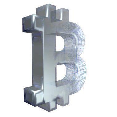 Bitcoin işareti, platin veya gümüş beyaz bir arka plan üzerinde mavi bir ızgara dönüşür. 3d illüstrasyon