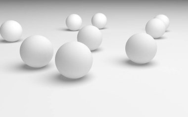 Beyaz soyut arka plan. Beyaz toplar beyaz arka planda izole edilmiş. 3B illüstrasyon
