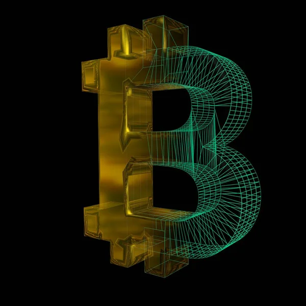 Signo Bitcoin Cuadrícula Verde Convierte Oro Sobre Fondo Negro Ilustración — Foto de Stock