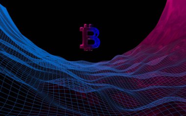 Soyut karanlık arka planda dijital para birimi sembolü Bitcoin. Kripto para piyasasının büyümesi. İş, finans ve teknoloji konsepti. 3d illüstrasyon