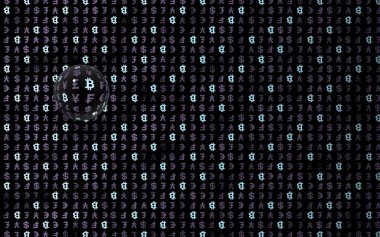 Bitcoin ve para birimi karanlık bir arkaplanda. Dijital şifreleme sembolü. Para balonu, dalga etkisi, piyasa dalgalanmaları. İş konsepti. 3B illüstrasyon