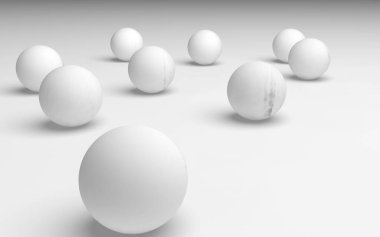 Beyaz soyut arka plan. Beyaz toplar beyaz arka planda izole edilmiş. 3B illüstrasyon