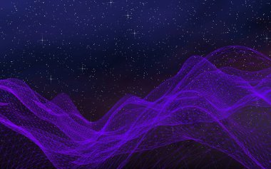 Karanlık bir arka planda soyut ultraviyole manzara. Mor siber uzay şebekesi. Merhaba teknoloji ağı. Uzay boşluğu. Mor yıldızlı uzay dokusu. 3B illüstrasyon