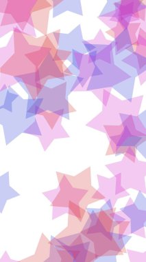 Beyaz arkaplanda çok renkli yarı saydam yıldızlar. Dikey görüntü yönlendirmesi. 3B illüstrasyon