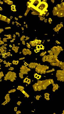 Karanlık bir arka planda dijital para birimi sembolü Bitcoin. Bitcoin düşüşü. Sanal ekranda kripto para birimi grafiği. İş, finans ve teknoloji kavramı. 3B illüstrasyon