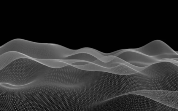 黑色背景上的抽象灰色景观 网络空间网格 高科技网络 技术插图 — 图库照片