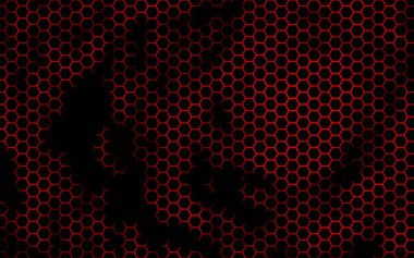 Kırmızı arka plandaki petek. Çokgen in perspektif görünümü petek gibi görünüyor. Biyometrik geometri. 3d illüstrasyon