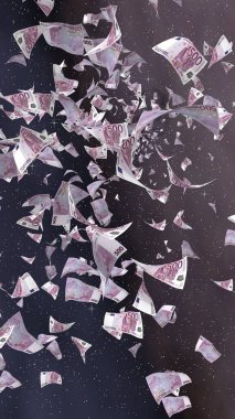 Uzay yıldızlı arka planda euro banknotları uçurmak. Uzayda para uçuyor. 500 EURO renkli. Dikey oryantasyon. 3B illüstrasyon