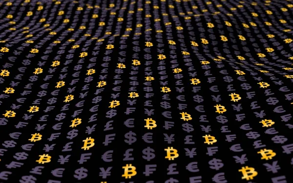 Bitcoin Moneda Fondo Oscuro Símbolo Criptográfico Digital Efecto Onda Fluctuaciones — Foto de Stock
