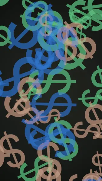 Signos Dólar Translúcidos Multicolores Sobre Fondo Oscuro Tonos Verdes Ilustración — Foto de Stock