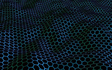 Petek mavi dalga etkisi koyu bir arka plan üzerinde. Çokgen in perspektif görünümü petek gibi görünüyor. Biyometrik geometri. 3d illüstrasyon