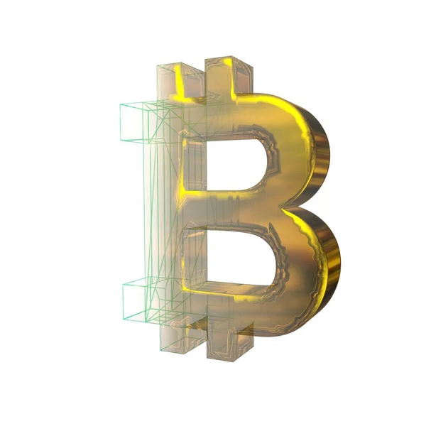 Segno Bitcoin Griglia Verde Trasforma Oro Sfondo Bianco Illustrazione — Foto Stock