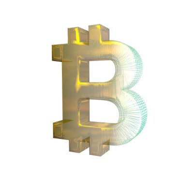 Bitcoin işareti, yeşil şebeke beyaz arka planda altına dönüşür. 3B illüstrasyon