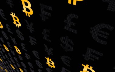 koyu bir arka plan üzerinde tcoin ve para birimi. Dijital kripto para birimi sembolü. İş konsepti. Piyasa Ekranı. 3d illüstrasyon