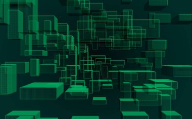 Yeşil ve koyu arka dijital ve teknoloji plan. Dikdörtgenler tekrarlayan olan desen. 3D çizim