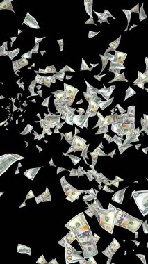 Dolar banknotlar uçan koyu arka plan üzerinde izole. Para havada uçuyor. 100 ABD banknotlar yeni örnek. 3D çizim