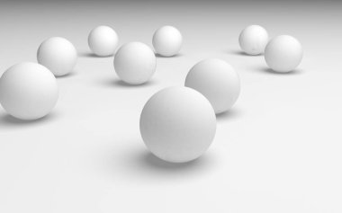Beyaz soyut arka plan. Beyaz toplar beyaz arka planda izole edilmiş. 3B illüstrasyon