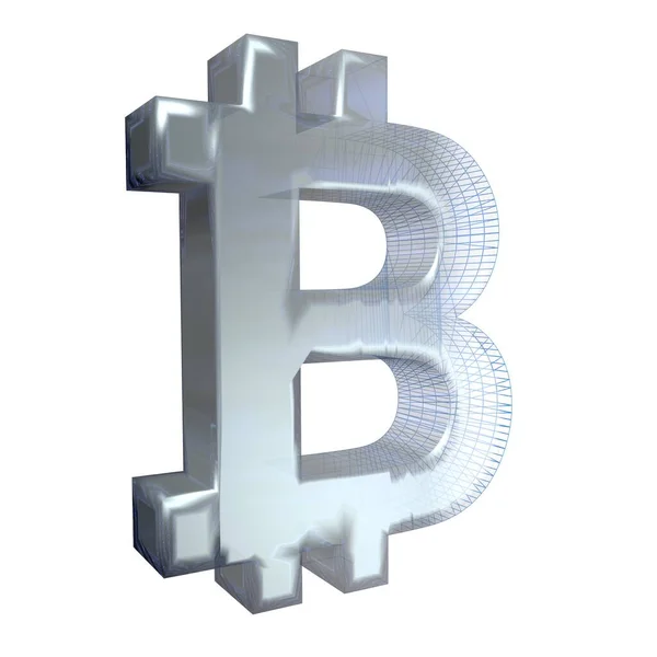 Signo Bitcoin Platino Plata Convierte Una Rejilla Azul Sobre Fondo —  Fotos de Stock