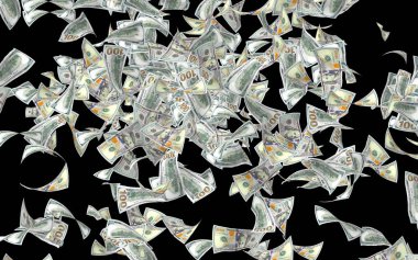 Dolar banknotlar uçan koyu arka plan üzerinde izole. Para havada uçuyor. 100 ABD banknotlar yeni örnek. 3D çizim