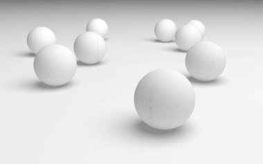 Beyaz soyut arka plan. Beyaz toplar beyaz arka planda izole edilmiş. 3B illüstrasyon
