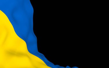 Karanlık bir arka plan üzerinde Ukrayna bayrağı. Ulusal bayrak ve eyalet asteğmeni. Mavi ve sarı iki renkli. 3d illüstrasyon bayrak sallayarak