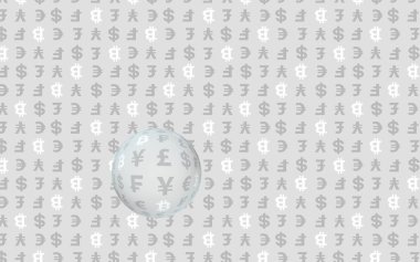 Gri arka planda Bitcoin ve para birimi. Dijital kripto para birimi sembolü. İş konsepti. Piyasa görüntüsü. 3B illüstrasyon