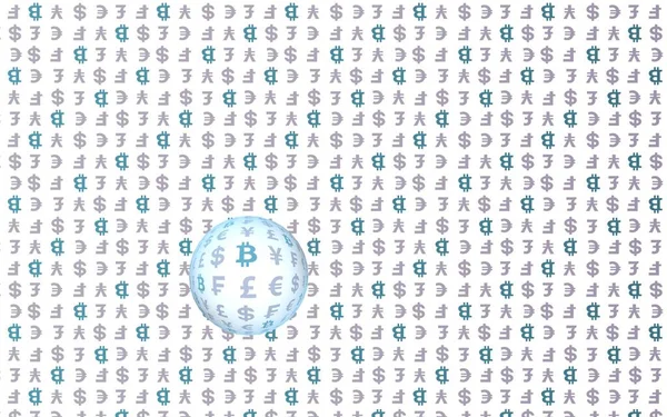 Bitcoin Und Währung Auf Weißem Hintergrund Digitales Kryptosymbol Währungsblase Welleneffekt — Stockfoto