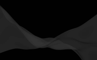 Siyah soyut arka plan. Kanat çırpan siyah eşarp. Rüzgâr siyah kumaşında sallanıyor. 3B illüstrasyon