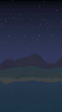 Yıldızlı aysız gökyüzü. Sahilde dalgalarla okyanus kıyısı. Dalgalar ile Ada plaj cenneti. Tatil, yaz, rahatlama. Deniz manzarası, deniz kıyısı. Minimalist manzara, ilkellik. 3d illüstrasyon
