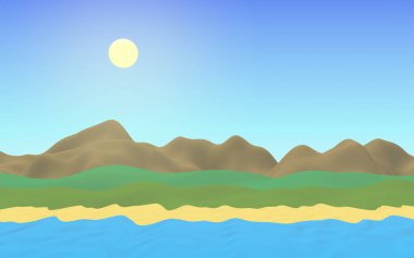 Sun Sea Sahili. Öğlen. Sahilde dalgalar olan okyanus kıyısı hattı. Dalgalı ada plajı cenneti. Tatil, yaz tatili, dinlenme. Deniz manzaralı, deniz manzaralı. Minimalist manzara, ilkellik. 3B illüstrasyon