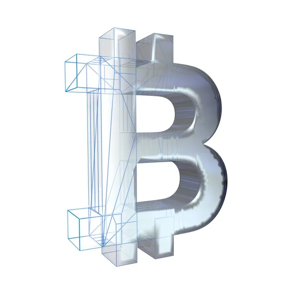 Znak Bitcoin Platyna Lub Srebro Zamienia Się Niebieską Siatkę Białym — Zdjęcie stockowe