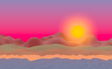 Sun Sea Beach. Sunrise. Sahilde dalgalarla okyanus kıyısı. Dalgalar ile Ada plaj cenneti. Tatil, yaz, rahatlama. Deniz manzarası, deniz kıyısı. Minimalist manzara, ilkellik. 3d illüstrasyon