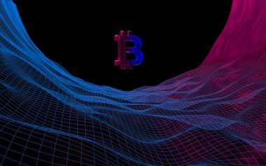 Soyut karanlık arka planda dijital para birimi sembolü Bitcoin. Kripto para piyasasının büyümesi. İş, finans ve teknoloji konsepti. 3d illüstrasyon