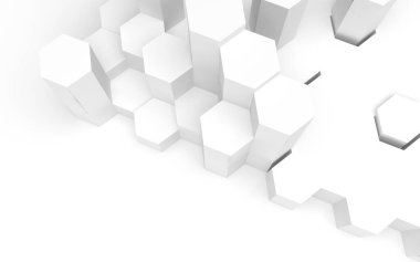 Bal peteği olan beyaz soyut bir arkaplan. Altıgen çubukları beyaz arkaplanda izole edilmiş. 3B illüstrasyon