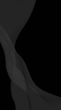 Siyah soyut arka plan. Kanat çırpan siyah eşarp. Rüzgâr siyah kumaşında sallanıyor. Dikey oryantasyon. 3B illüstrasyon