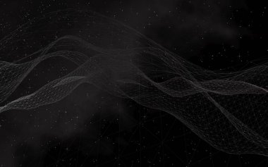 Siyah soyut arka plan. Merhaba teknoloji ağı. Uzay boşluğu. Yıldızlı uzay dokusu. 3B illüstrasyon