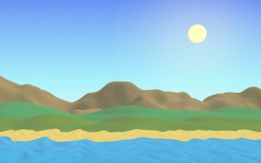 Sun Sea Sahili. Öğlen. Sahilde dalgalar olan okyanus kıyısı hattı. Dalgalı ada plajı cenneti. Tatil, yaz tatili, dinlenme. Deniz manzaralı, deniz manzaralı. Minimalist manzara, ilkellik. 3B illüstrasyon